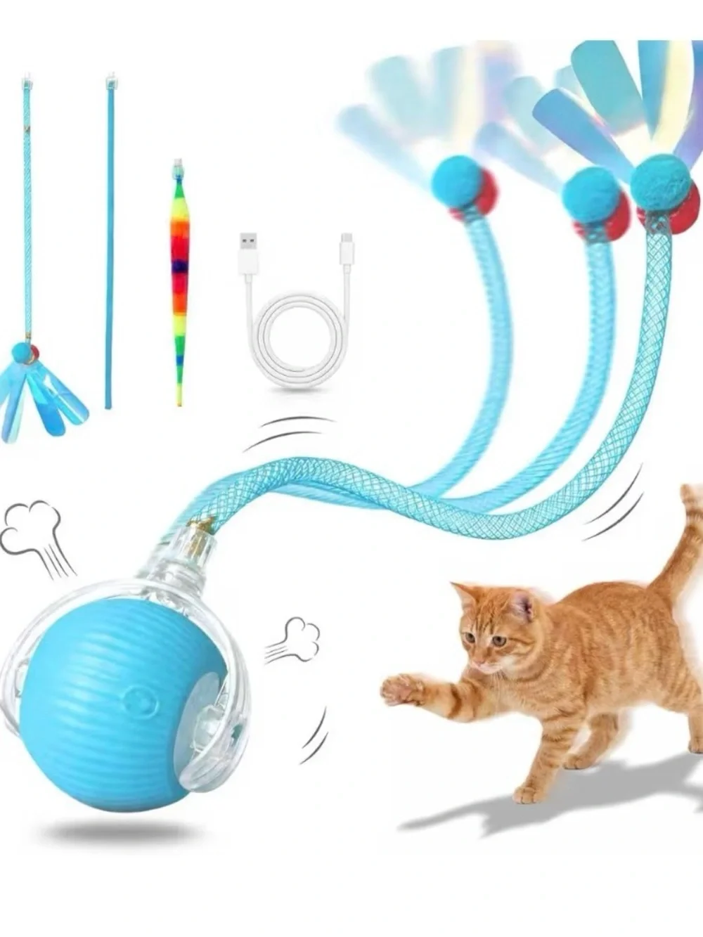 Interactive Blue Cat Teaser Toy Wand with USB Rechargeable Ball